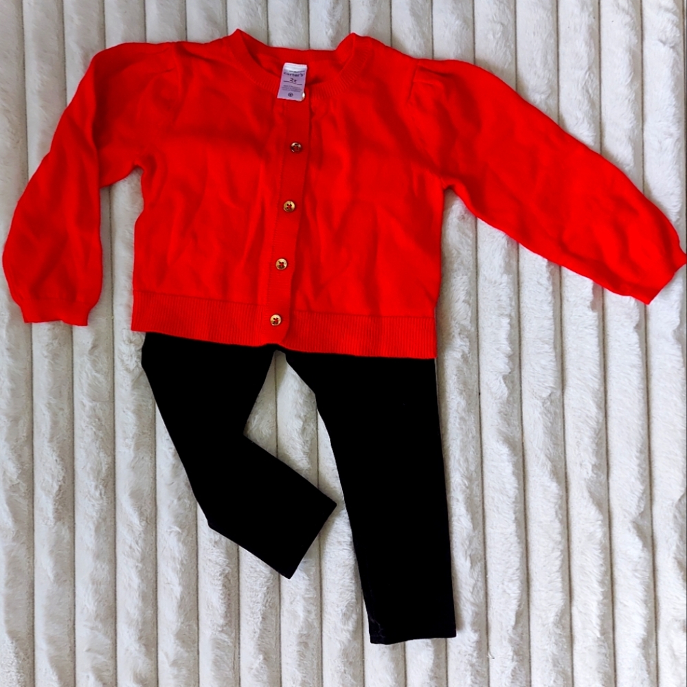 Red Cardigan and Black Velvet Velour Leggings Set